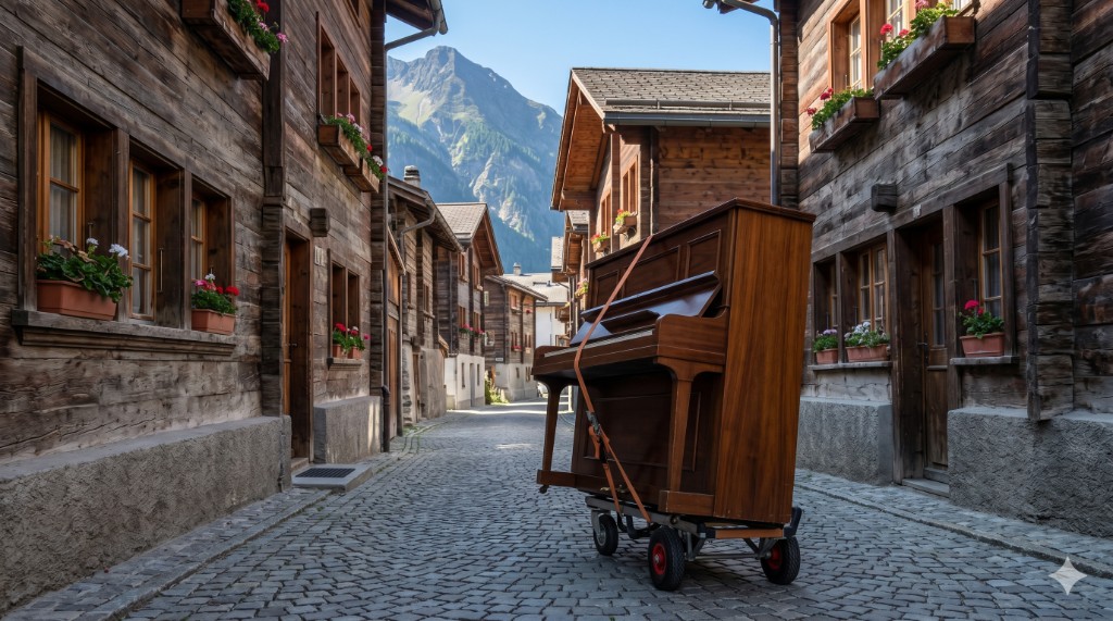 Klavier transportieren – Klavier auf Rollwagen in einer Schweizer Ortschaft
