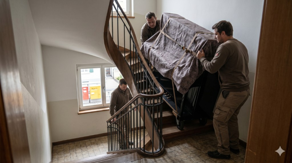 Möbellift beim Klaviertransport – Klavier über Treppenhaus
