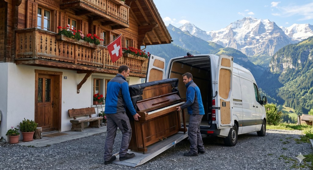 Klaviertransport Schweiz – professioneller Klavierumzug mit Transporter in den Alpen
